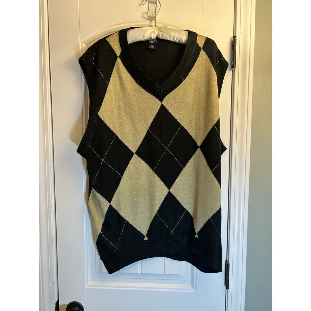Trust 2XL Black Argyle Sweater Vest V Neck Preppy Golf Grandpa Core Knit Top
