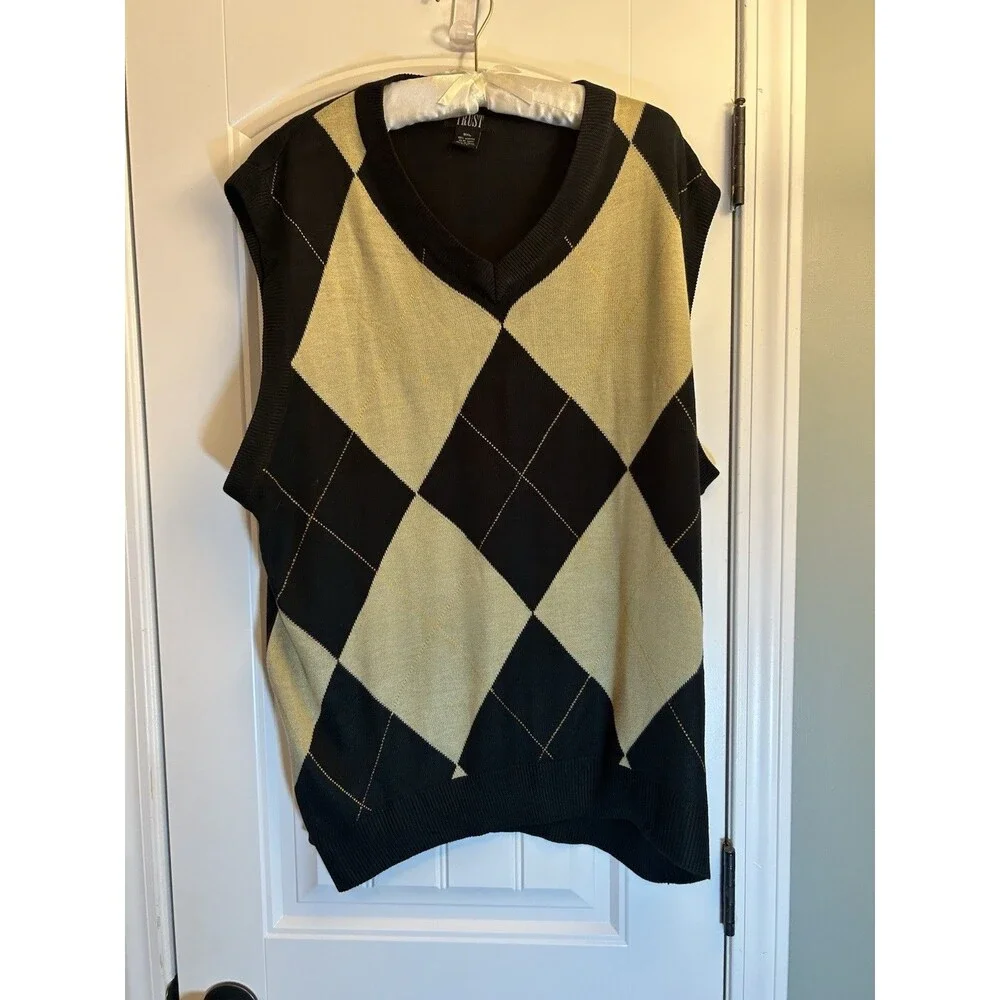 Trust 2XL Black Argyle Sweater Vest V Neck Preppy Golf Grandpa Core Knit Top