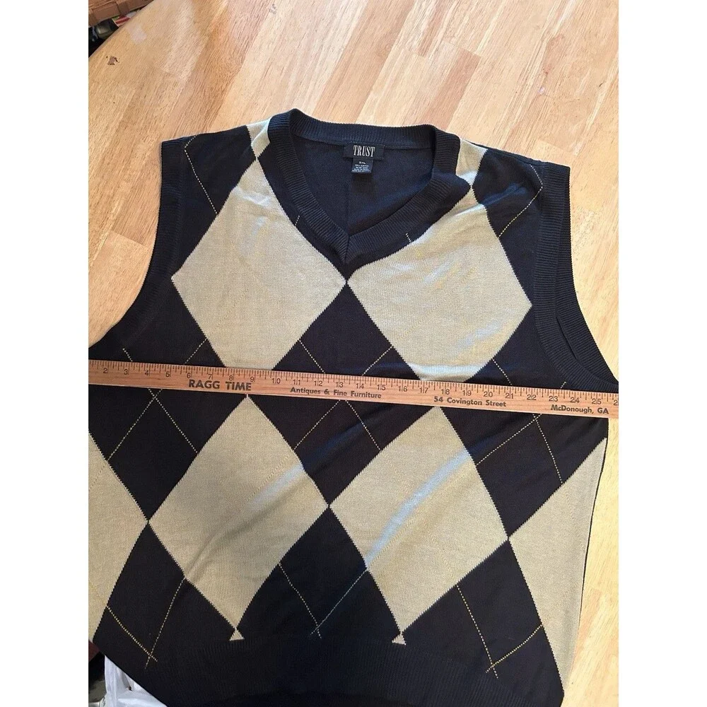 Trust 2XL Black Argyle Sweater Vest V Neck Preppy Golf Grandpa Core Knit Top