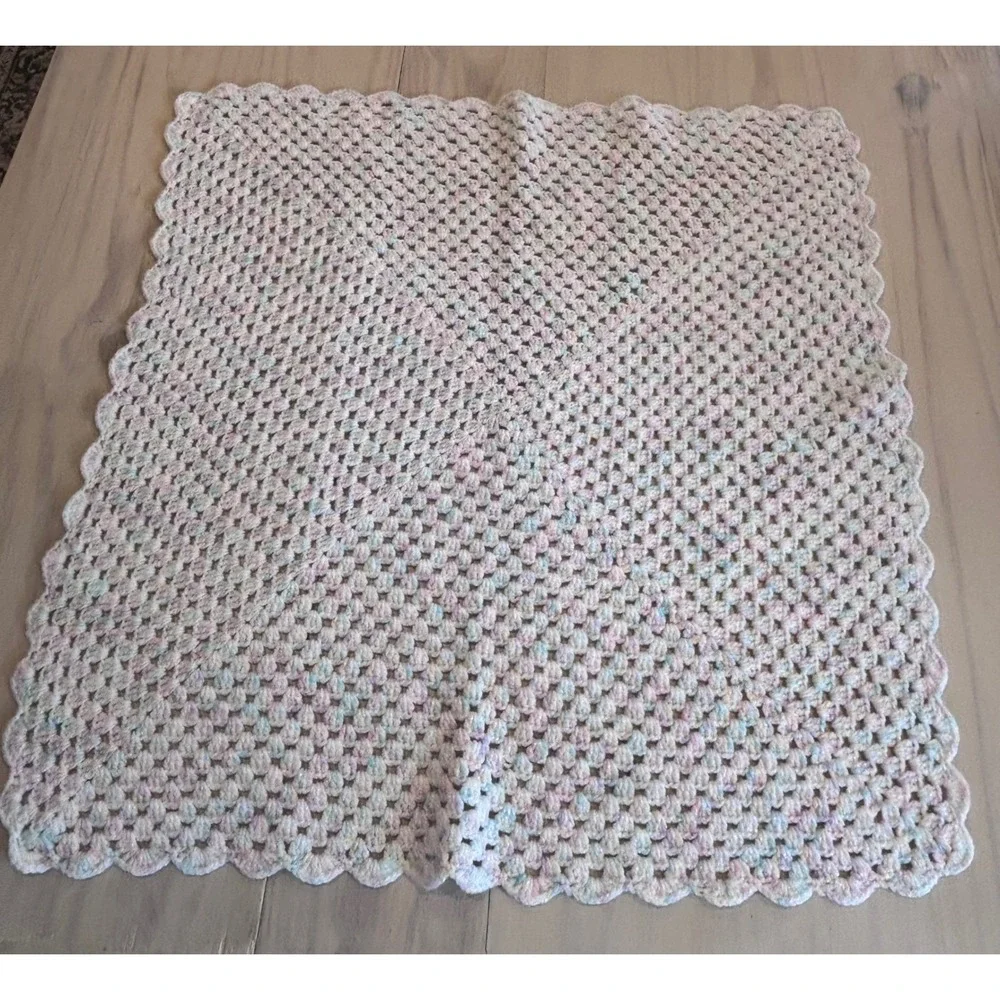 Handmade Crochet Baby Blanket Pastel Pink Blue White Granny Square Scalloped 27