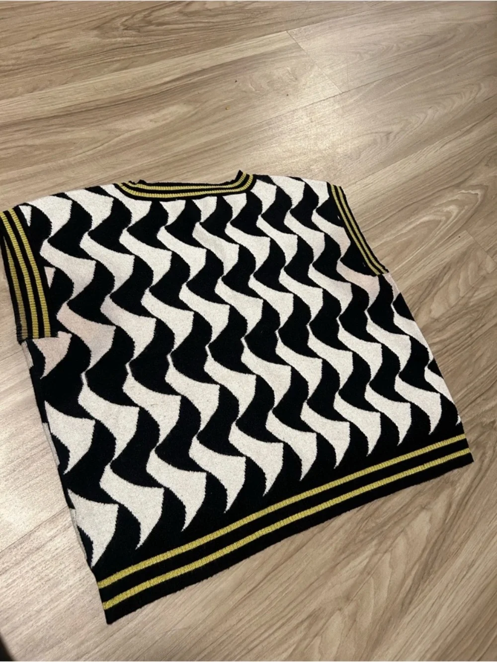 Men's Black & White Wave V-Neck Sweater Vest with Yellow Trim