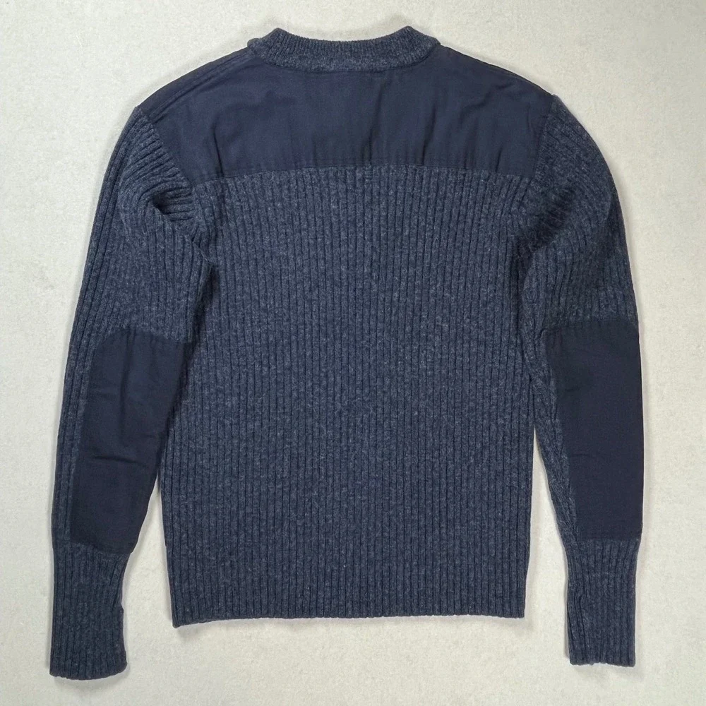 LL Bean Commando Henley Sweater Men Large Navy Merino Lambswool Ribbed Patches
