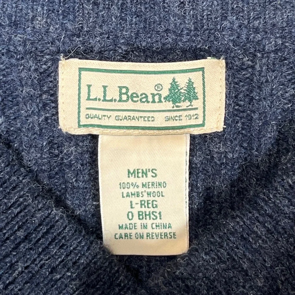 LL Bean Commando Henley Sweater Men Large Navy Merino Lambswool Ribbed Patches