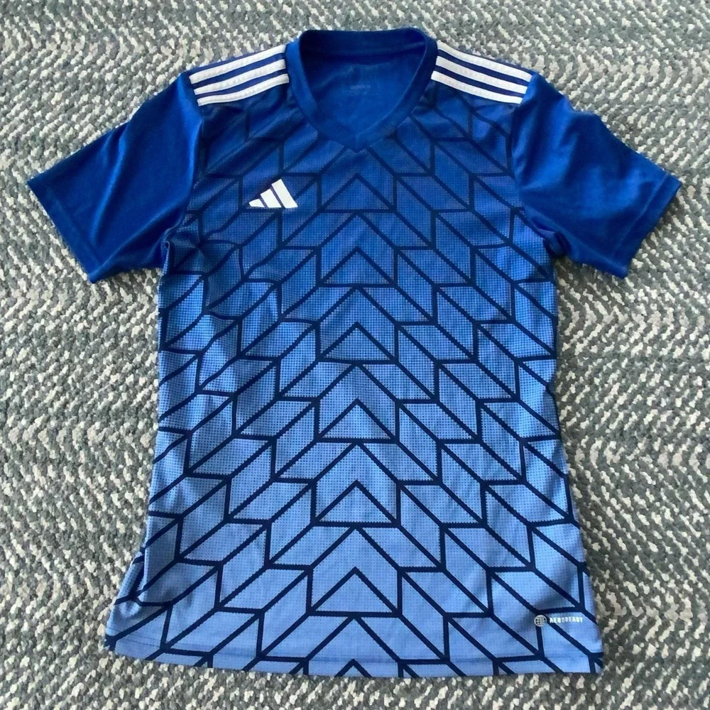 Adidas Team Icon 23 Soccer Jersey Mens Royal Blue Geometric V-Neck Shirt HR2632