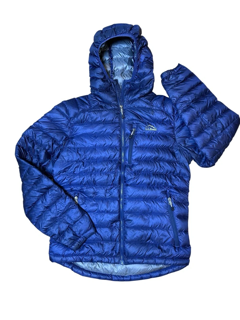 LL Bean men’s ultralight blue down puffer 850 jacket hooded size small zip up
