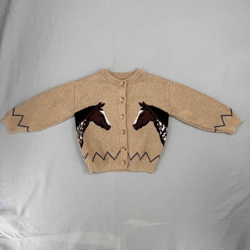 Old Navy Toddler 3T Tan Horse Intarsia Cotton Button Front Cardigan Sweater