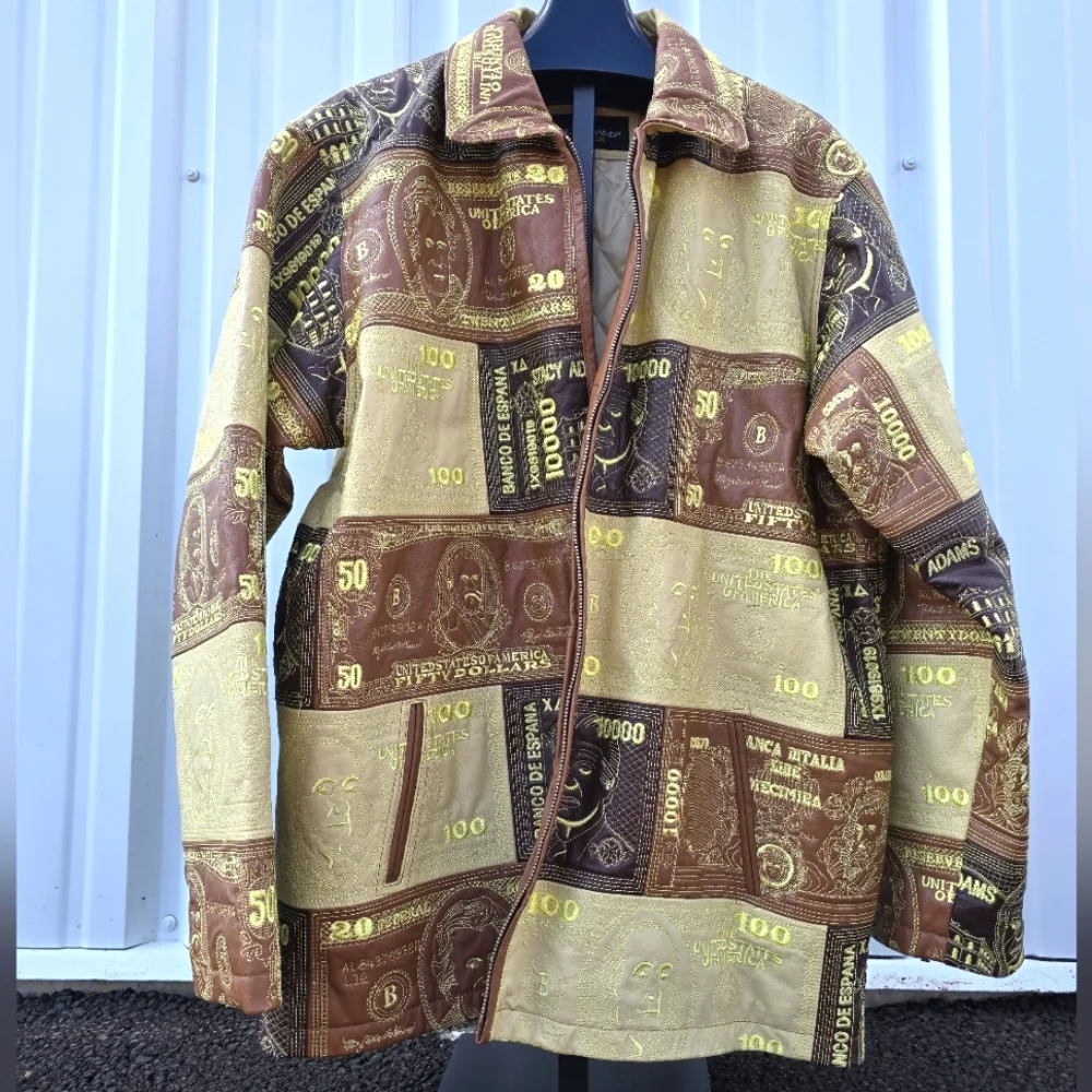 Insane LEATHER money Pattern Mens Coat Jacket Oversized Hip Hop 90s Y2k Size 4XL