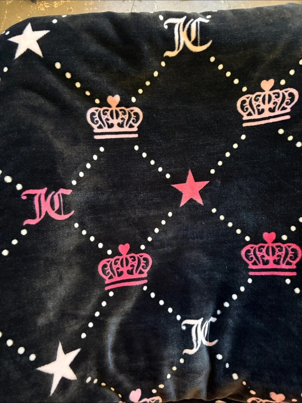 Juicy Couture Black Plush Throw with Pink Crowns and White Stars