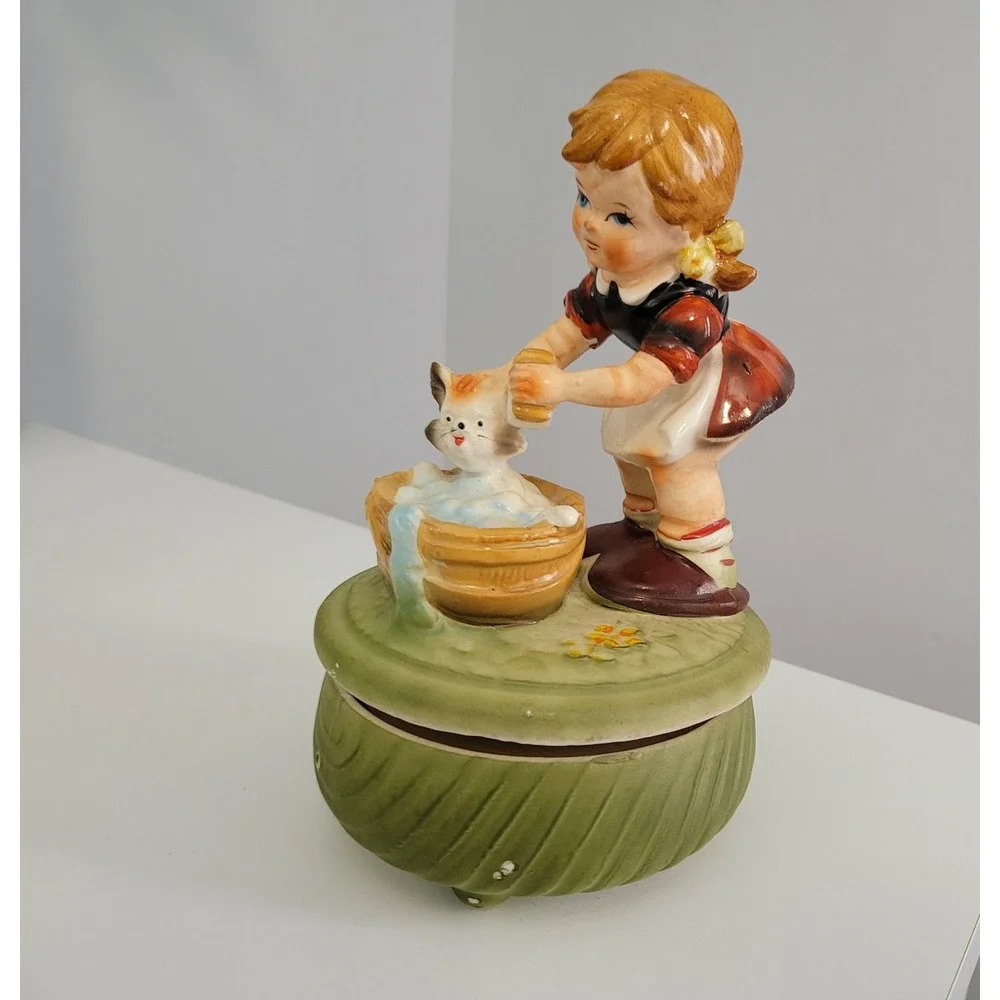 Girl Giving Cat a Bath Music‎ Box - Small Figurine Knick Knack