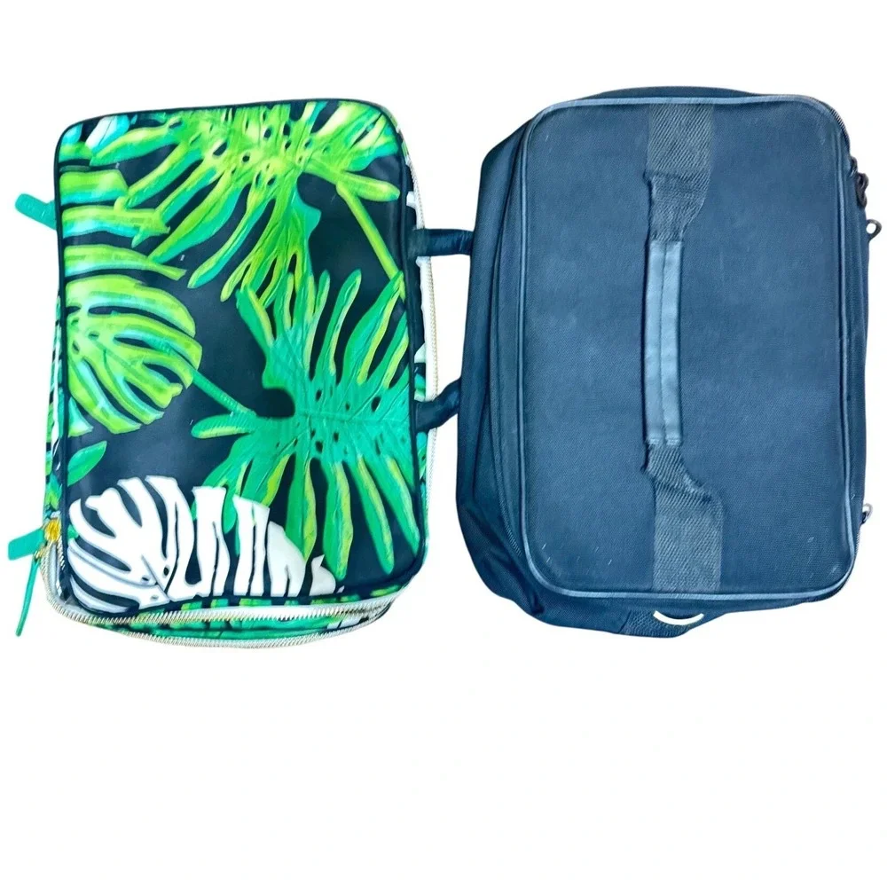 Modella Black Plaid & Tropical Palm Leaf Travel Toiletry Cosmetic Bag 2pc‎