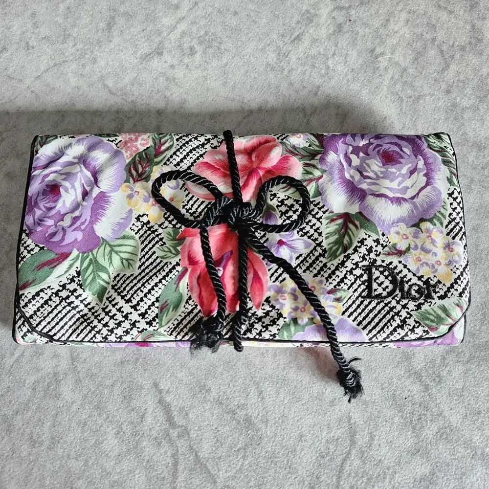 Christian Dior Pink Purple Floral Roll Up Cosmetic Bag Travel Organizer 9.5x5in