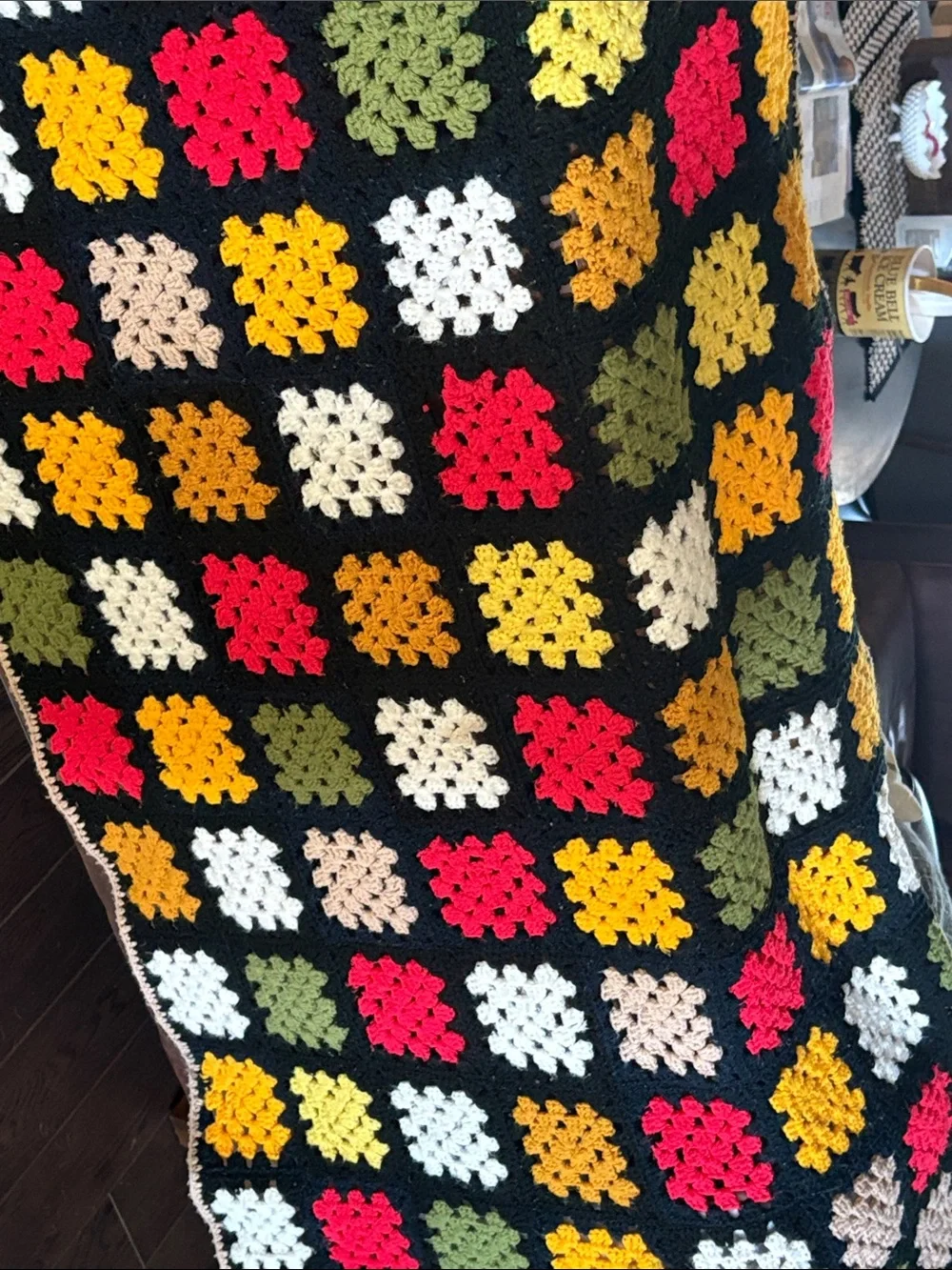 Hand-Crocheted Multicolor Granny Square Throw Blanket - Black Trim