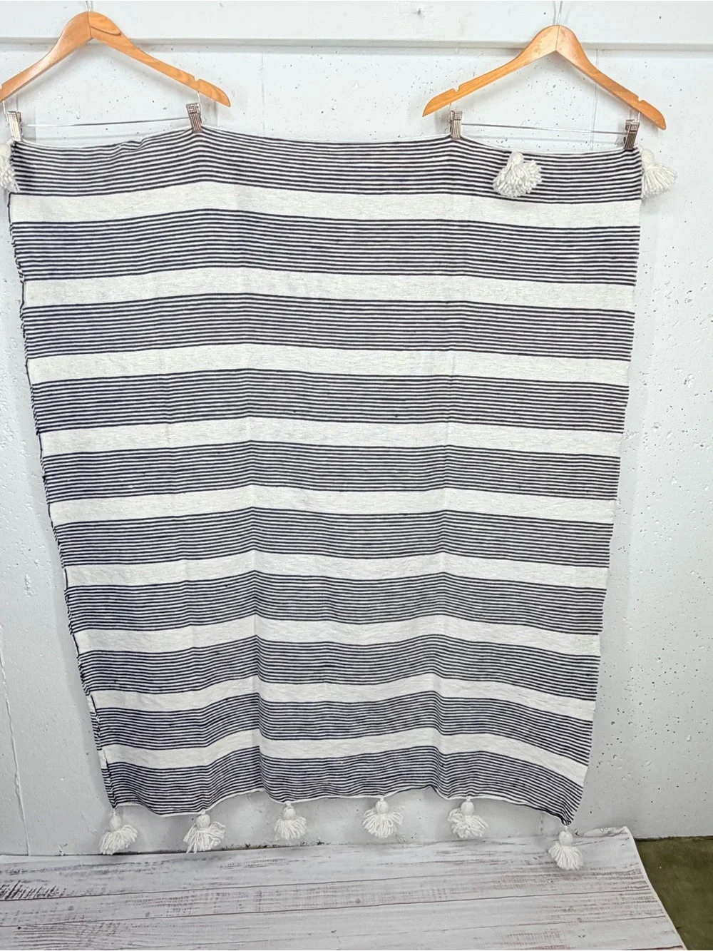 Woven Nook Off White & Black Pom Rugged Throw 47 x 60”
