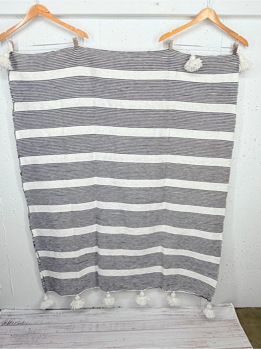 Woven Nook Off White & Black Pom Rugged Throw 47 x 60”