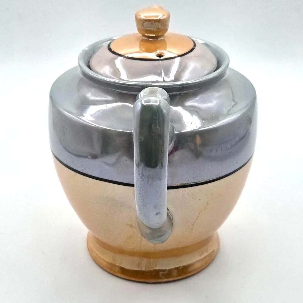 Japanese Lusterware Porcelain‎ Teapot Metallic Copper & Silver Gray Hand Painted
