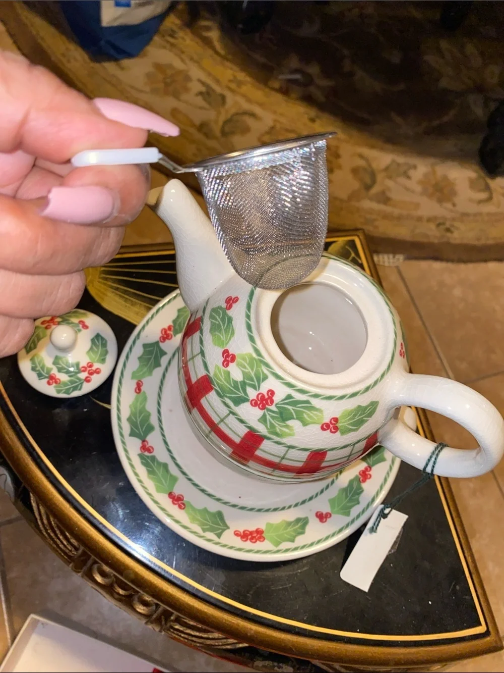Andrea by Sadek Holiday Holly Teapot and Cup Set - Green & Red - 5 Peace