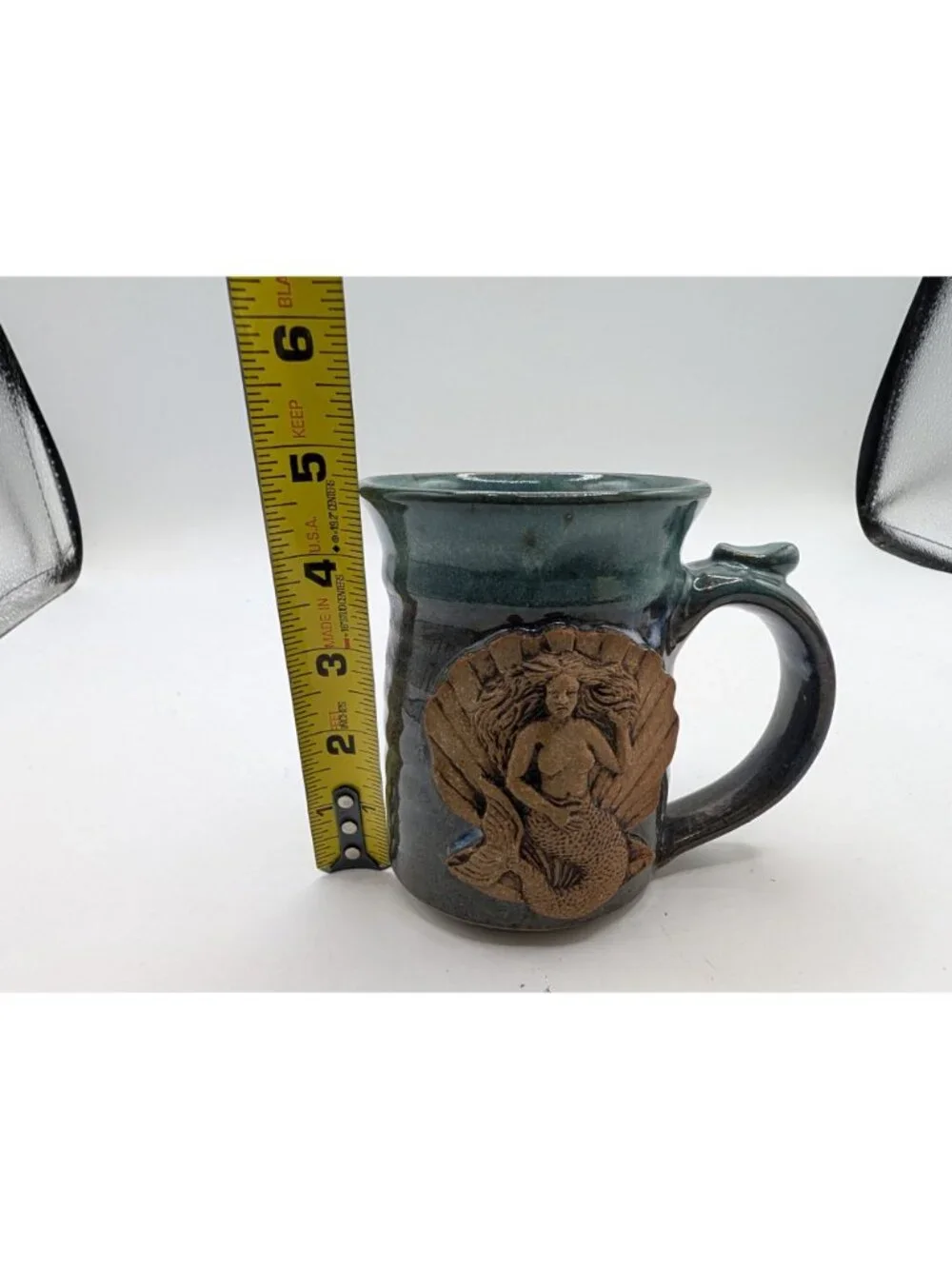 Handmade Pottery Mug W 3D Mermaid Design Blue & Brown Artist Signed