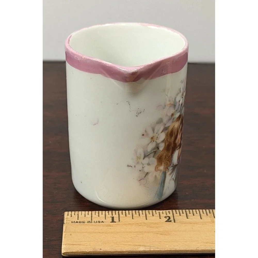 Vintage Mini Porcelain Creamer Pitcher Two Girls Floral Pink Rim 3.25