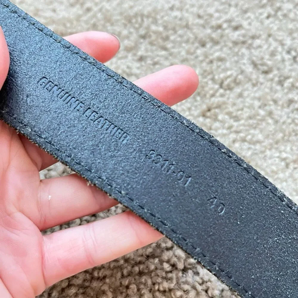 Black Leather Belt Sz 40 Contrast Stitch Silver Roller Buckle Y2K