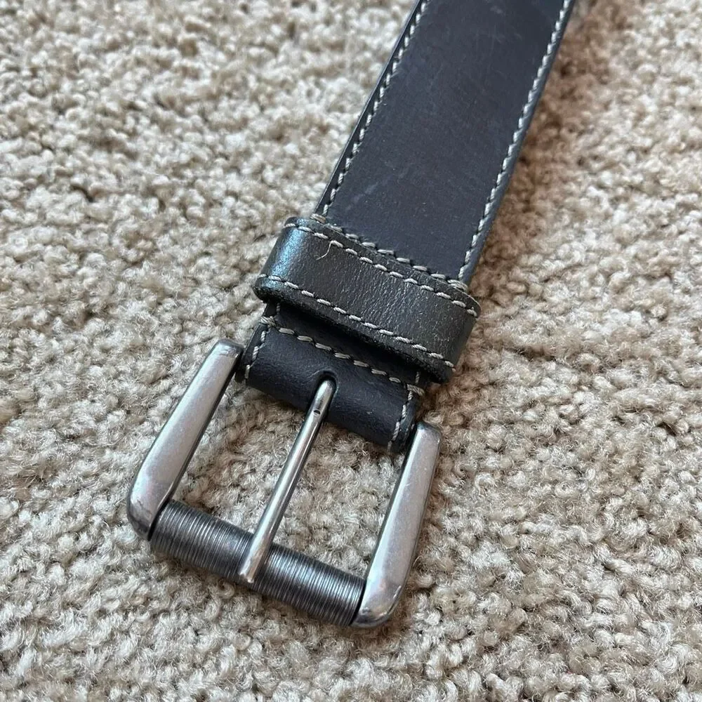 Black Leather Belt Sz 40 Contrast Stitch Silver Roller Buckle Y2K