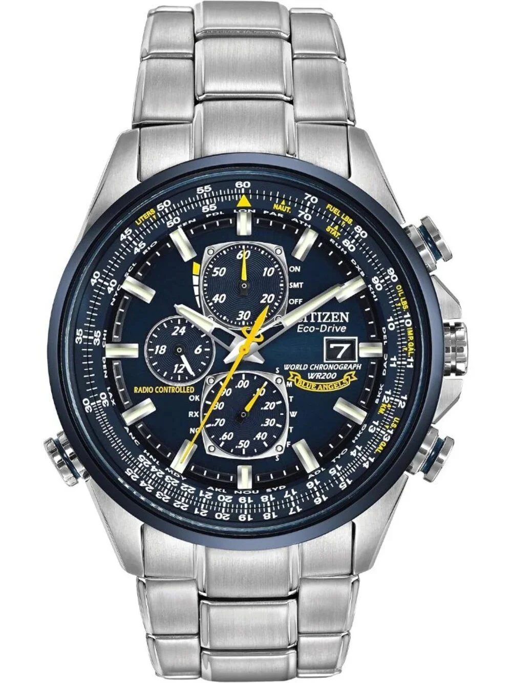 Men's Silver-Tone Bracelet Eco-Drive Sport Luxury Chronograph Atomic Time Watch
