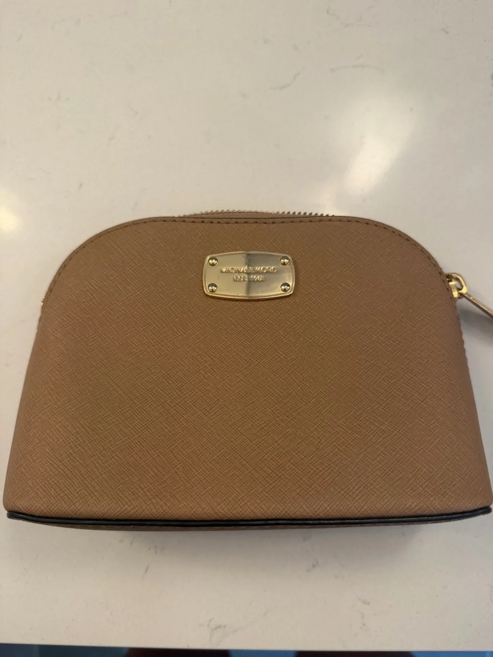 Michael Kors Brown/Tan Leather Zip Pouch with Gold Plaque