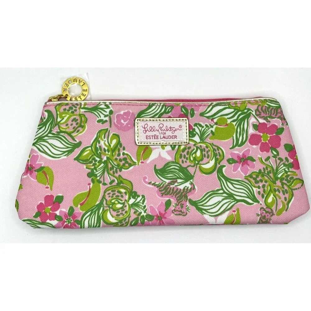 Lilly Pulitzer For Estee Lauder Makeup Bag Pink Tiger Flower Cosmetic Travel