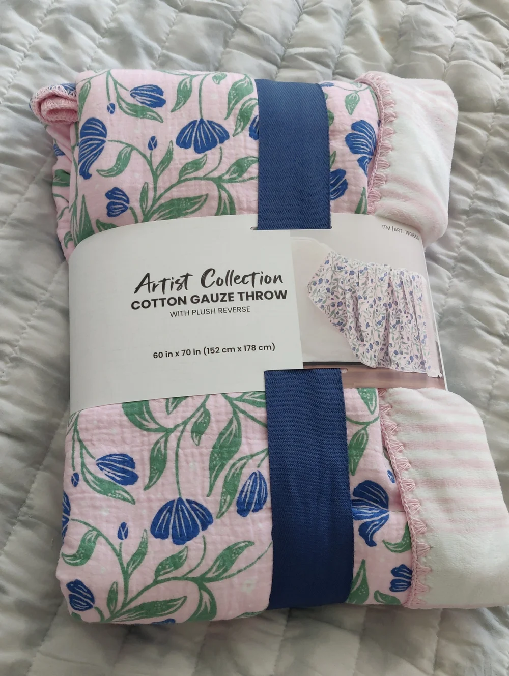 New!Artist Collection Cotton Gauze Throw Plush Reverse Pink Floral Blanket Core