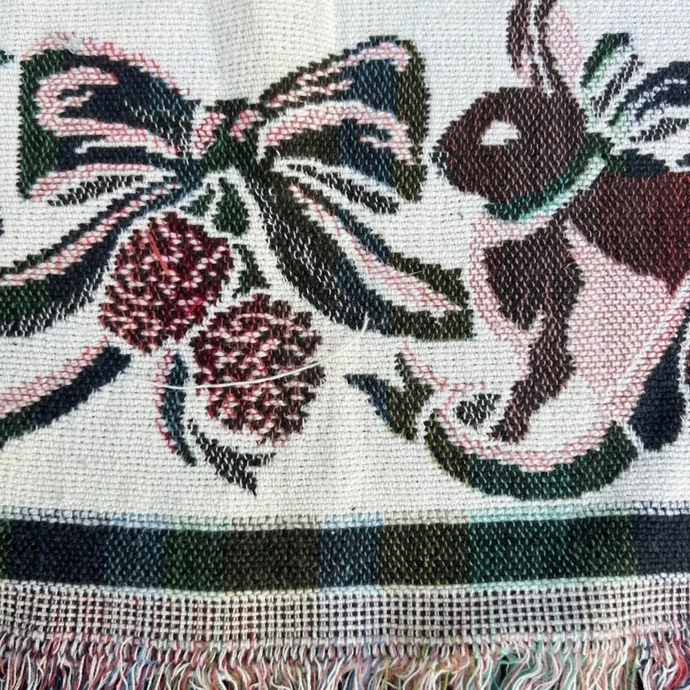 Vintage Winter Woodland Woven Tapestry Throw Blanket Christmas Trees Deer Rabbit
