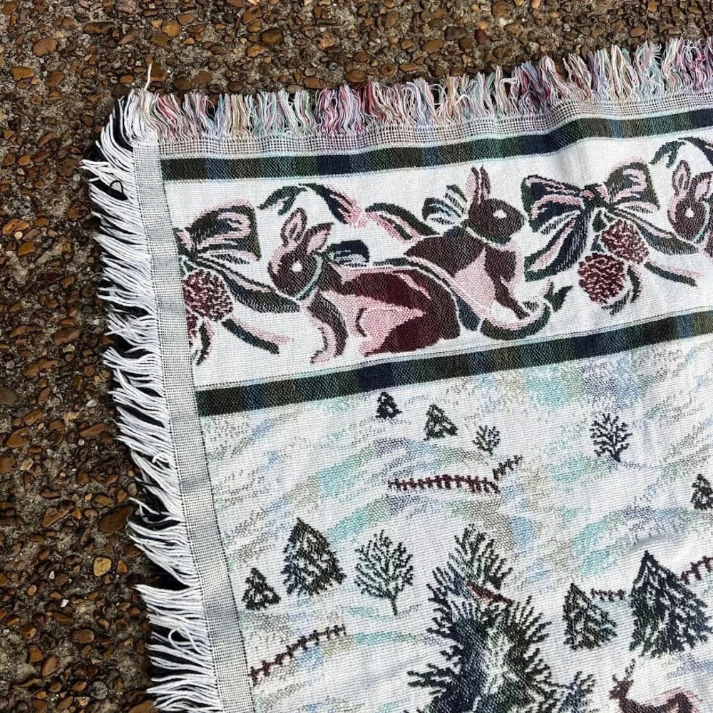 Vintage Winter Woodland Woven Tapestry Throw Blanket Christmas Trees Deer Rabbit