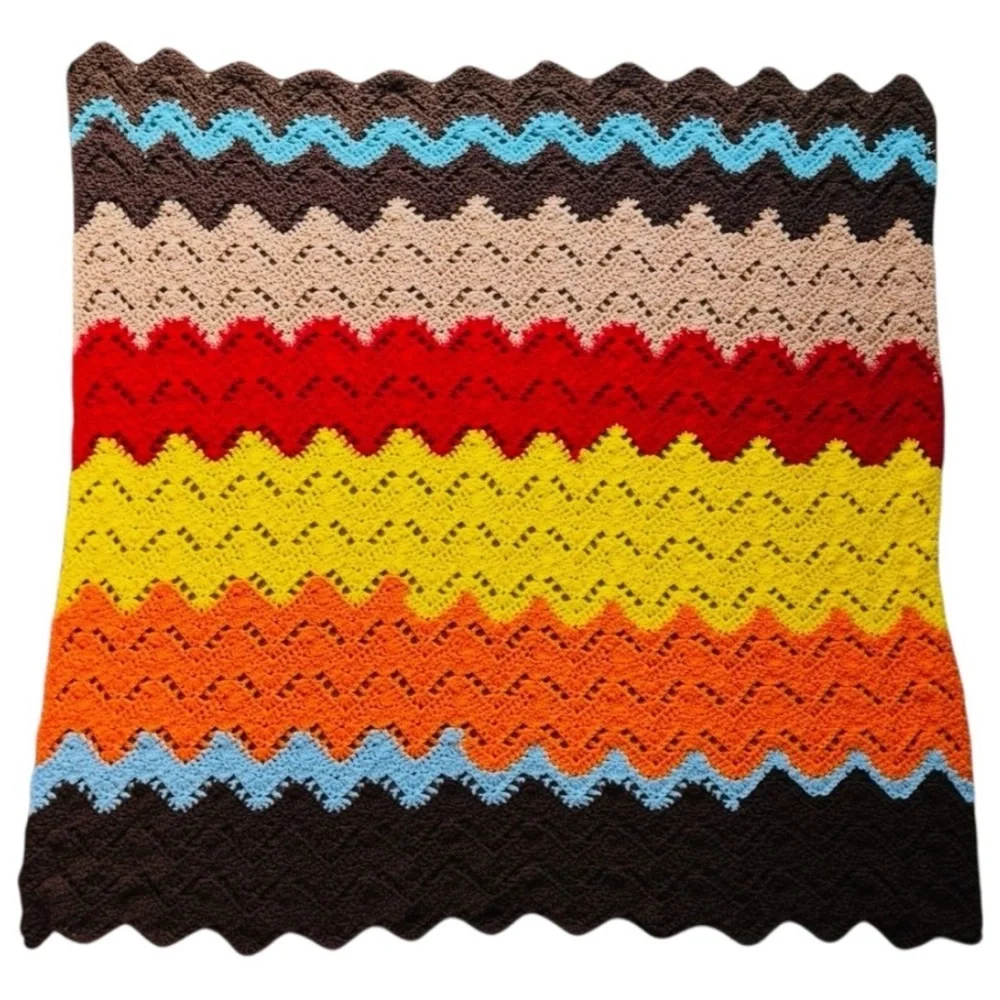 Vintage Crochet Zig Zag Pattern Chevron Ripple Afghan Blanket Measures 52x53