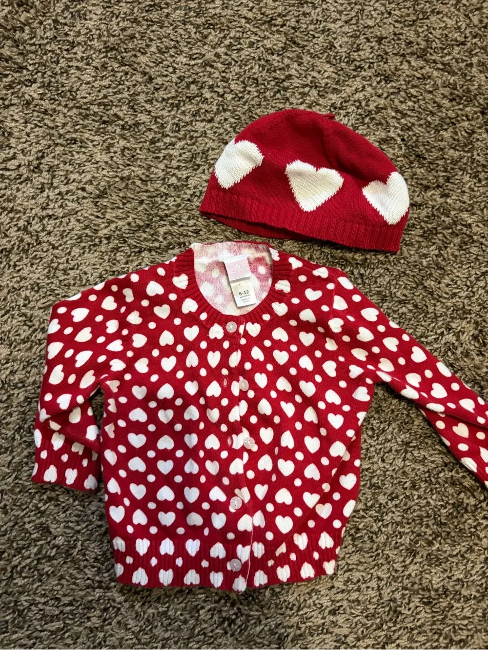 Old Navy Red and White Heart Cardigan with Matching hat 6-12 mo