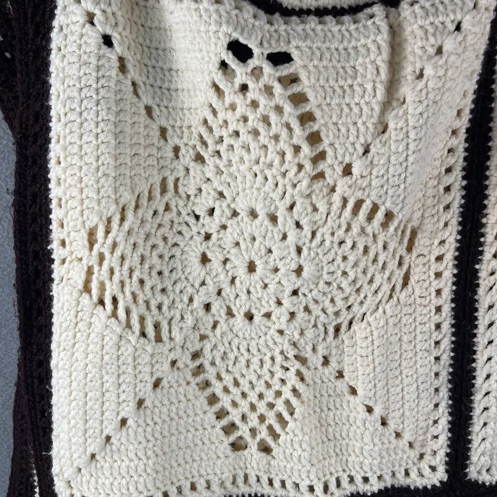 Vintage Handmade Crochet Afghan Throw 12 Panels Cream Brown Trim 47 x 65”