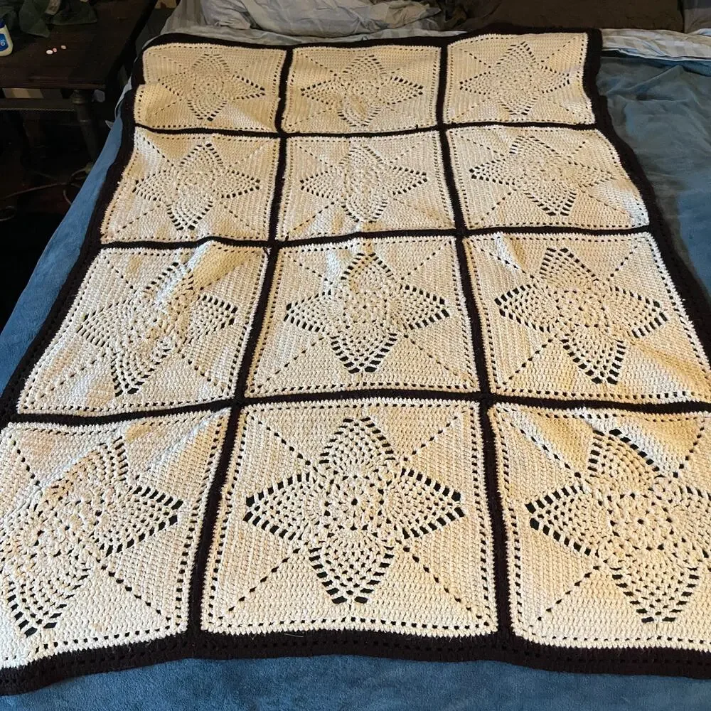 Vintage Handmade Crochet Afghan Throw 12 Panels Cream Brown Trim 47 x 65”