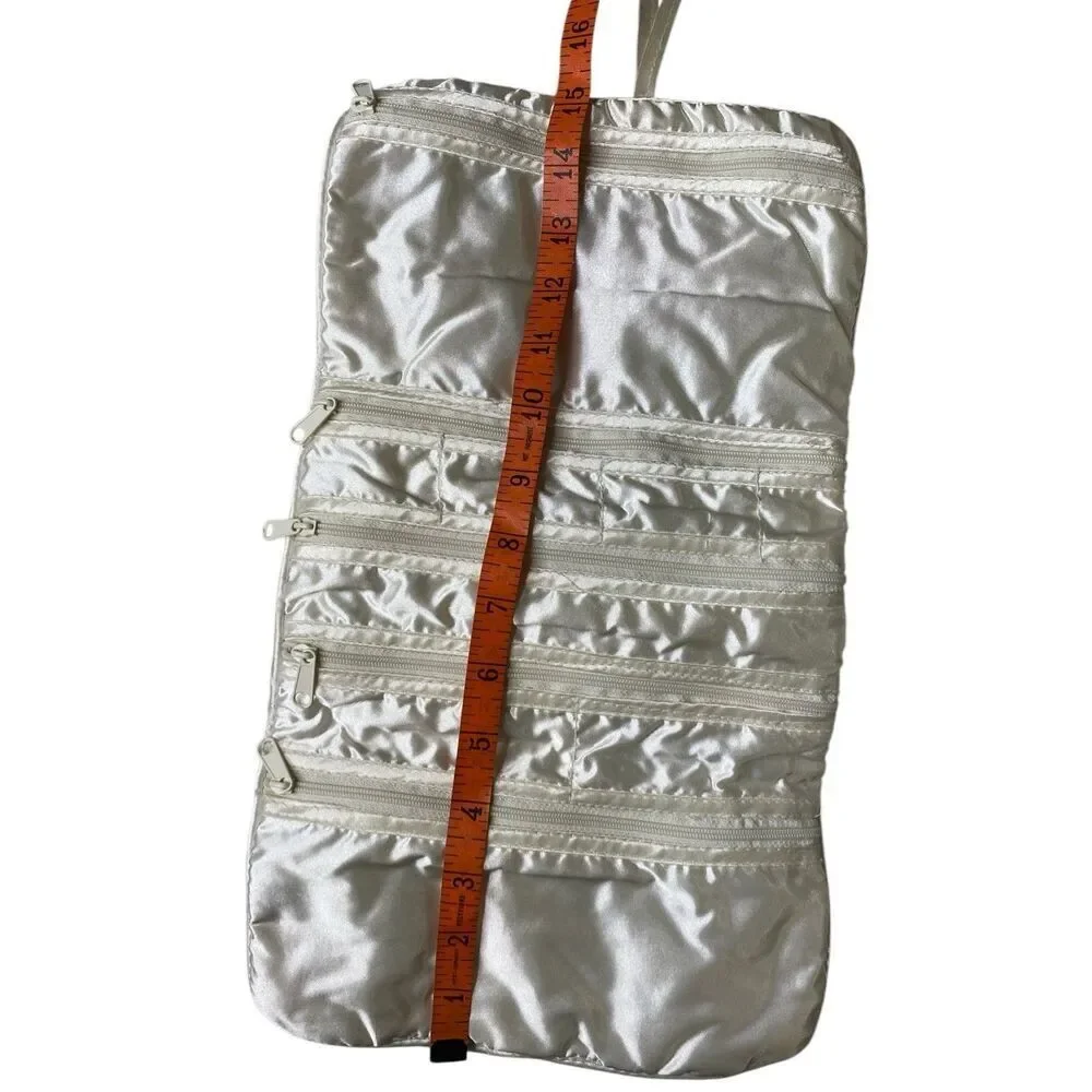 Vintage Satin Hanging Jewelry Organizer Roll Travel Case Ivory Monogram Bridal