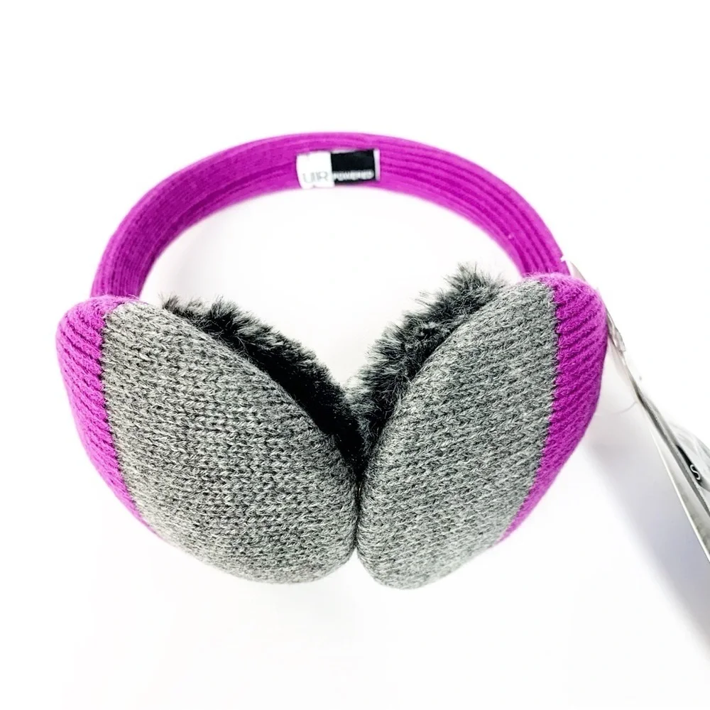 Pink & Grey Knit Earmuff Headphones • Fleece Lined Gloves Set • NWT
