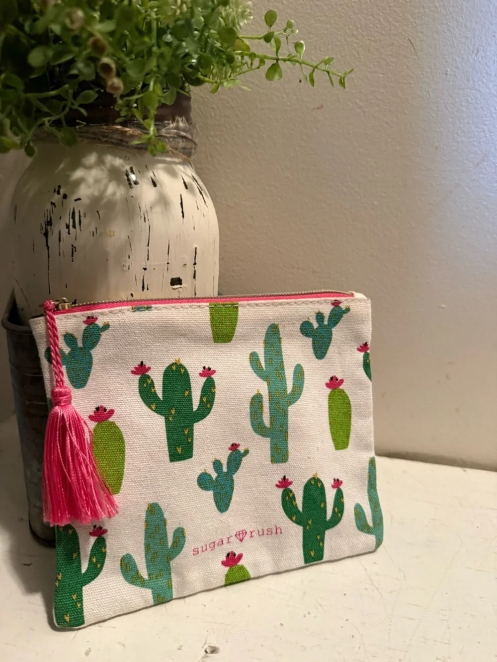 Sugar Rush Cactus Zip Pouch with Pink Tassel