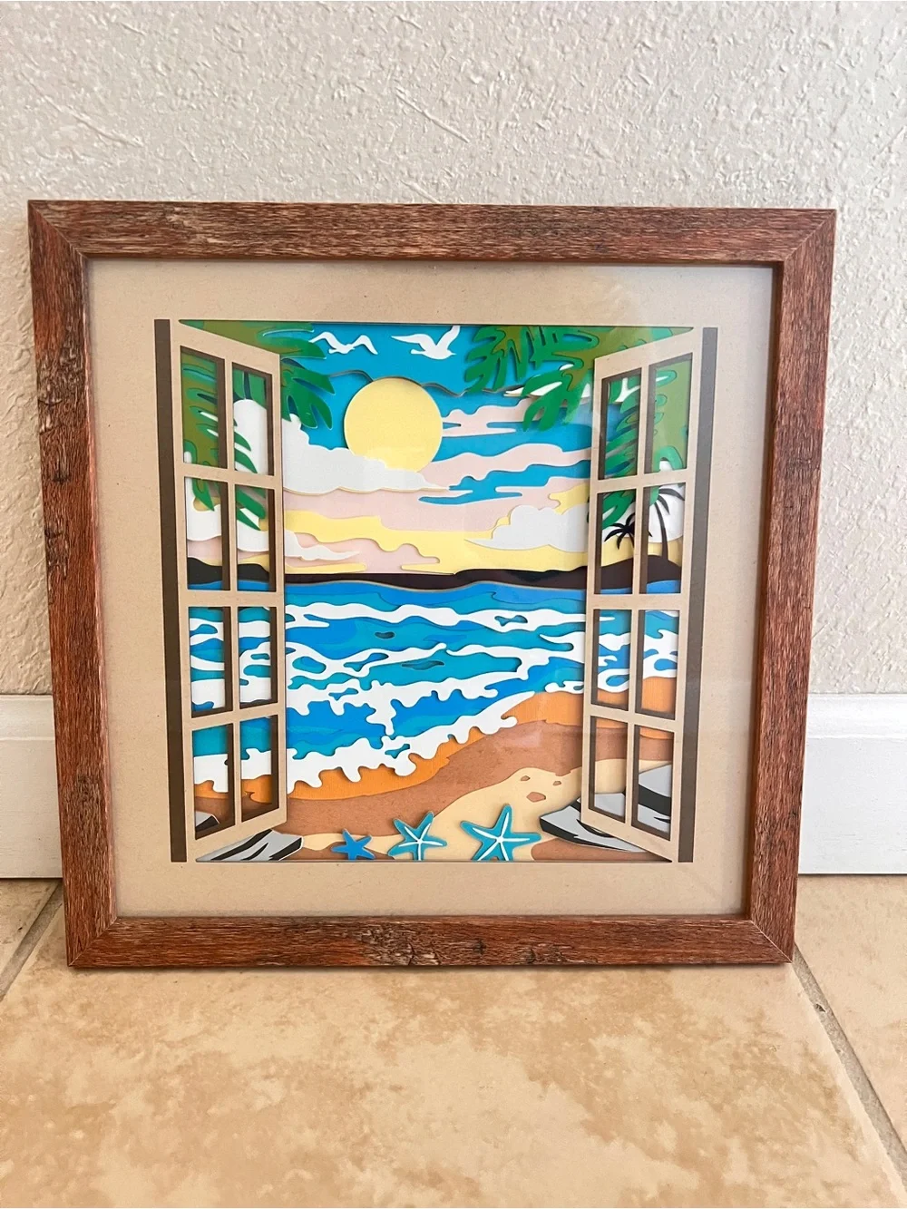 Beach Window Ocean View 16 Layer Paper Wall Art w/ Real Wooden Frame