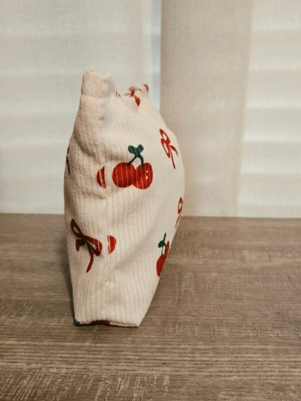 2 Pcs Cherry & Bow Corduroy Makeup Bag  Cream Cosmetic Pouch NWOT