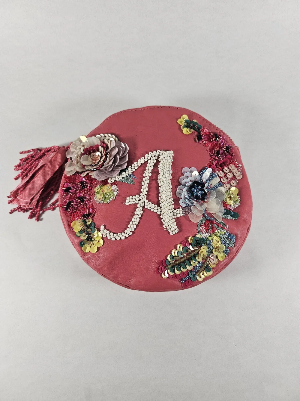 Anna Harlow Russo x Anthropologie Coral Pink Beaded 'A' Floral Tassel RoundPouch
