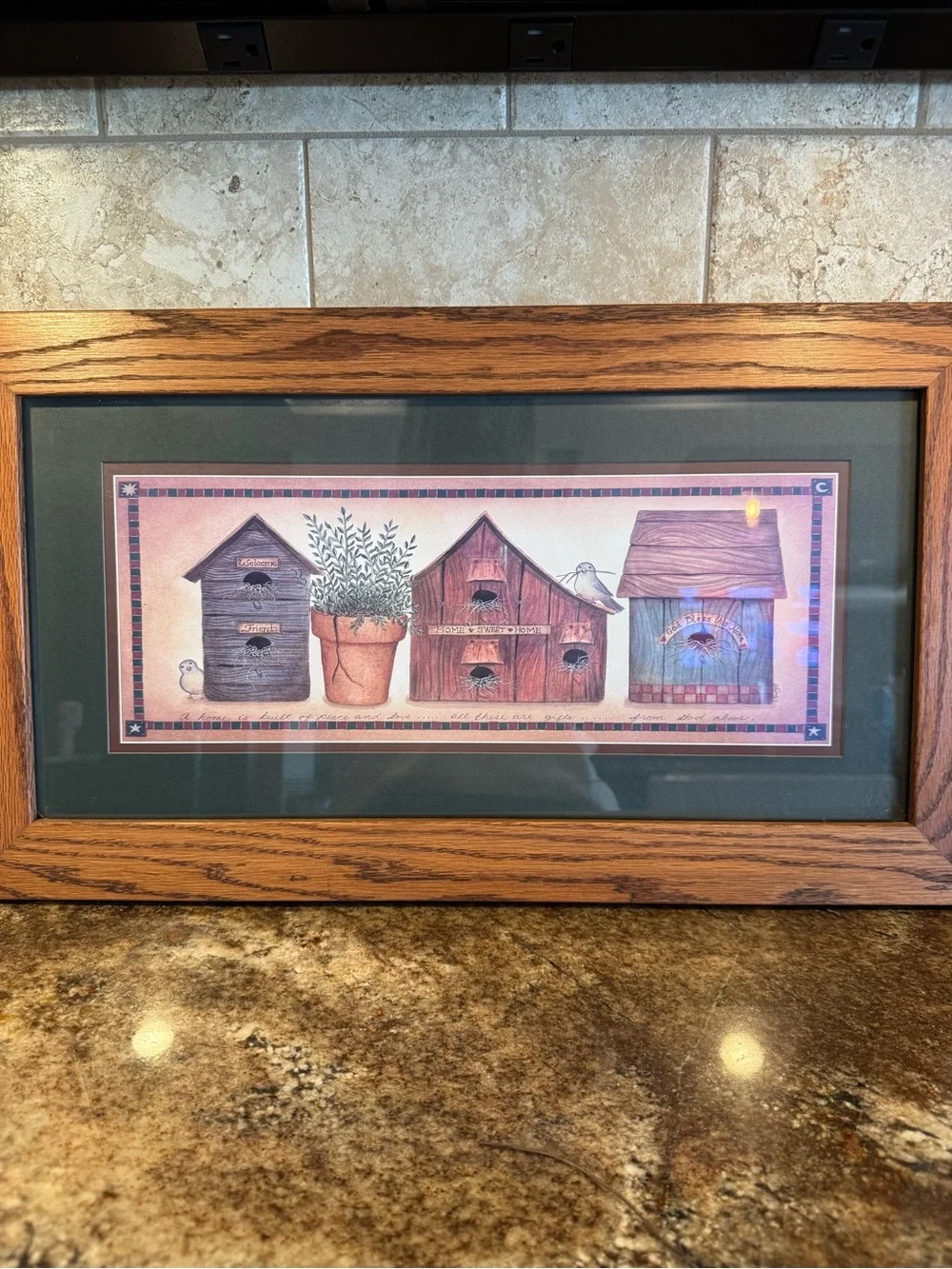 Home Interiors Framed Birdhouse Print Primitive Country Wall Art 23x13