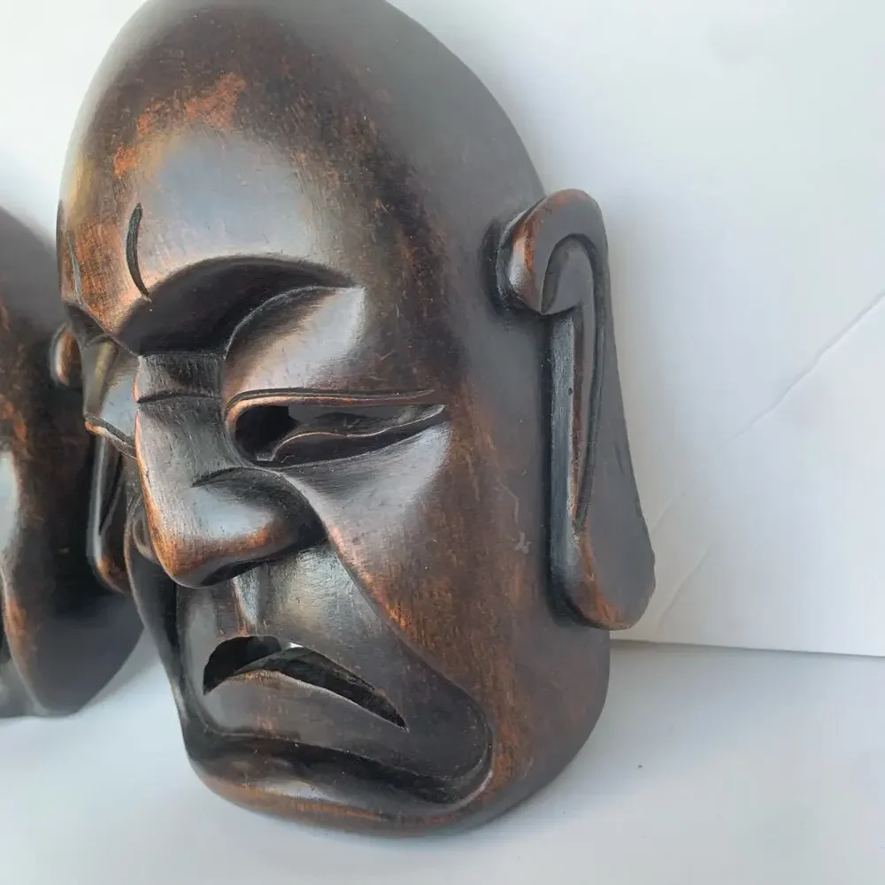 Vintage Mid Century Carved Wood Buddha Masks Wall Art