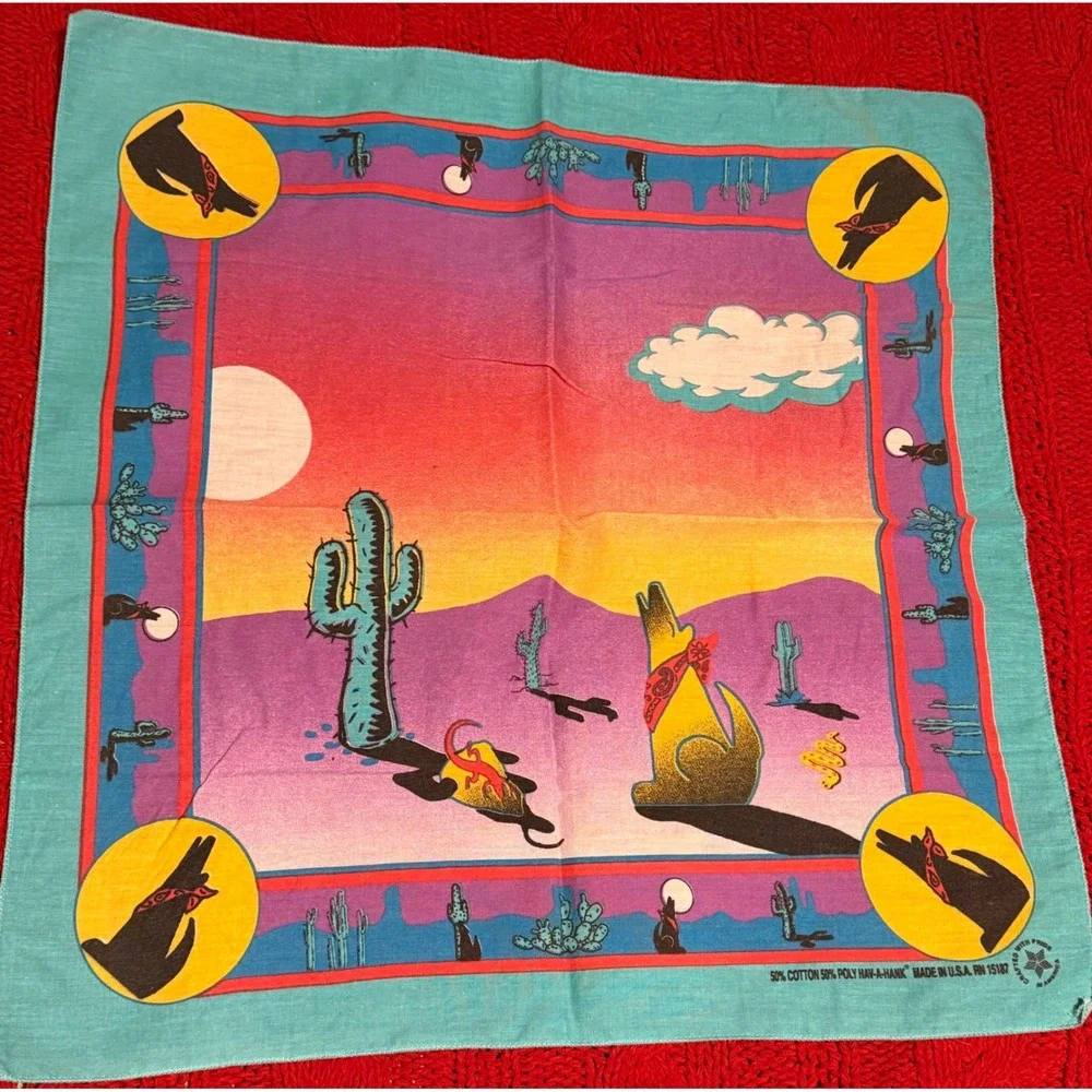 Vintage Hav-A-Hank Coyote Desert Bandana Scarf Southwestern Made in USA RN 15187