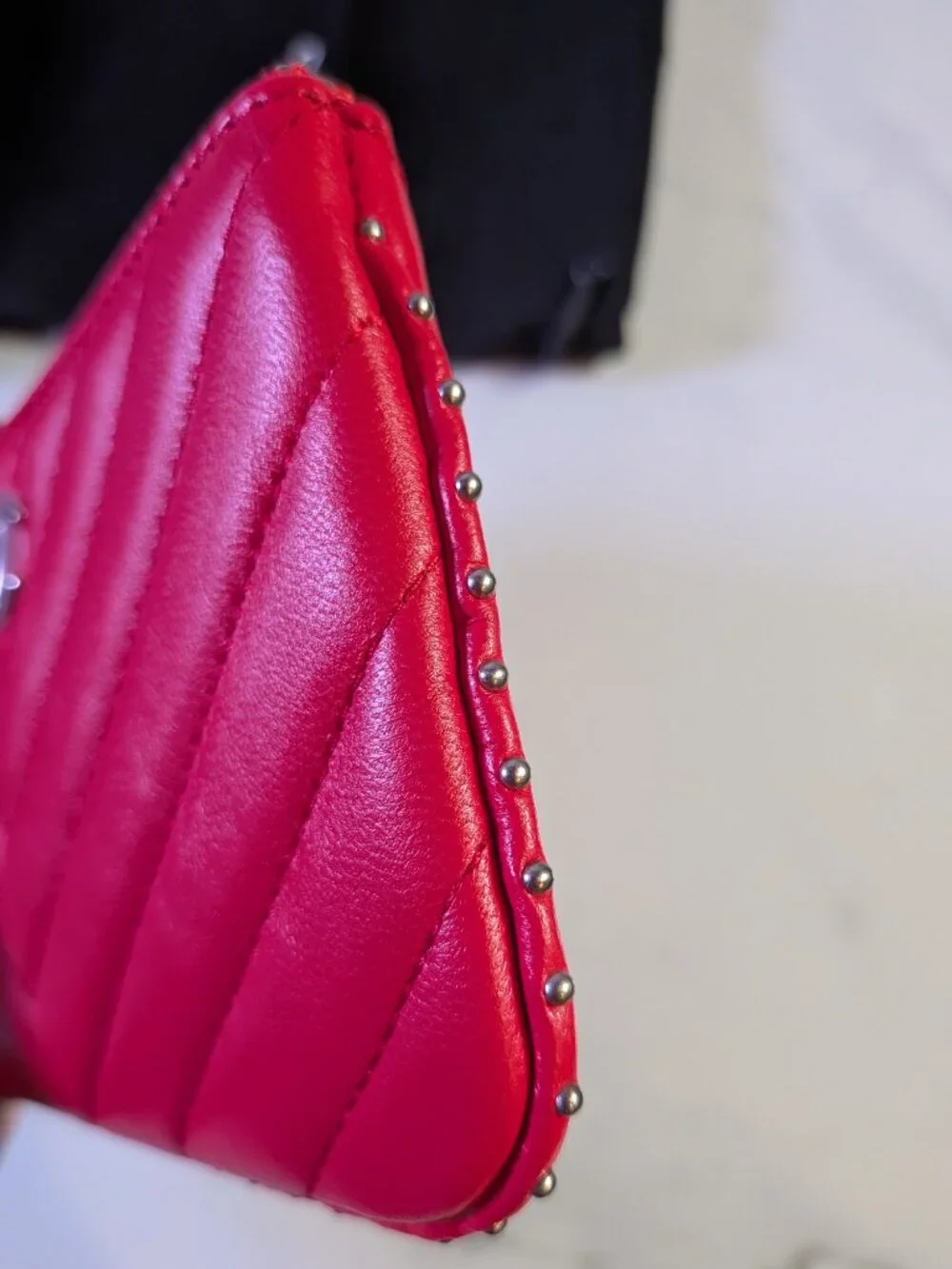 CHANEL Mini O-Case Zip Pouch — Red Chevron Quilted Lambskin, Studded Trim