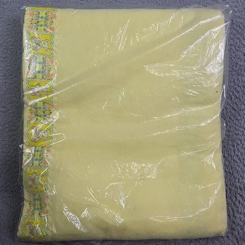 Vintage 80s Baby Blanket Beacon Bunny Teddy Bear Floral Yellow USA 40
