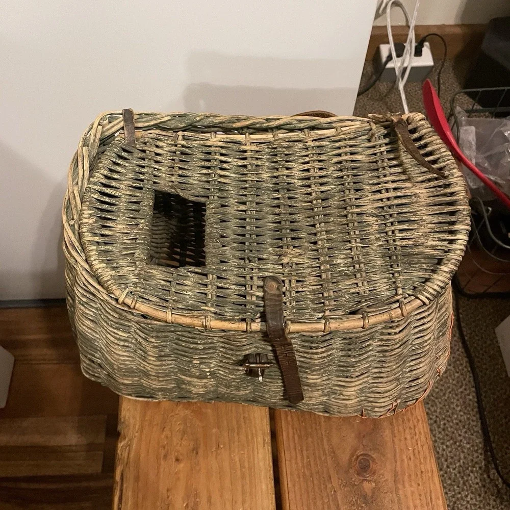 Vintage Green Fishing Creel Large Basket With Native Bead Style Leather Strap