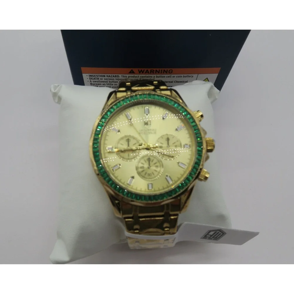 Montres Prestige Gold Chronograph Watch Green Crystal Bezel MPW-0340 New