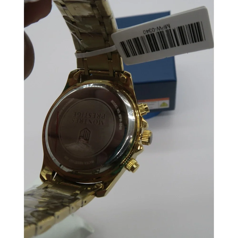 Montres Prestige Gold Chronograph Watch Green Crystal Bezel MPW-0340 New