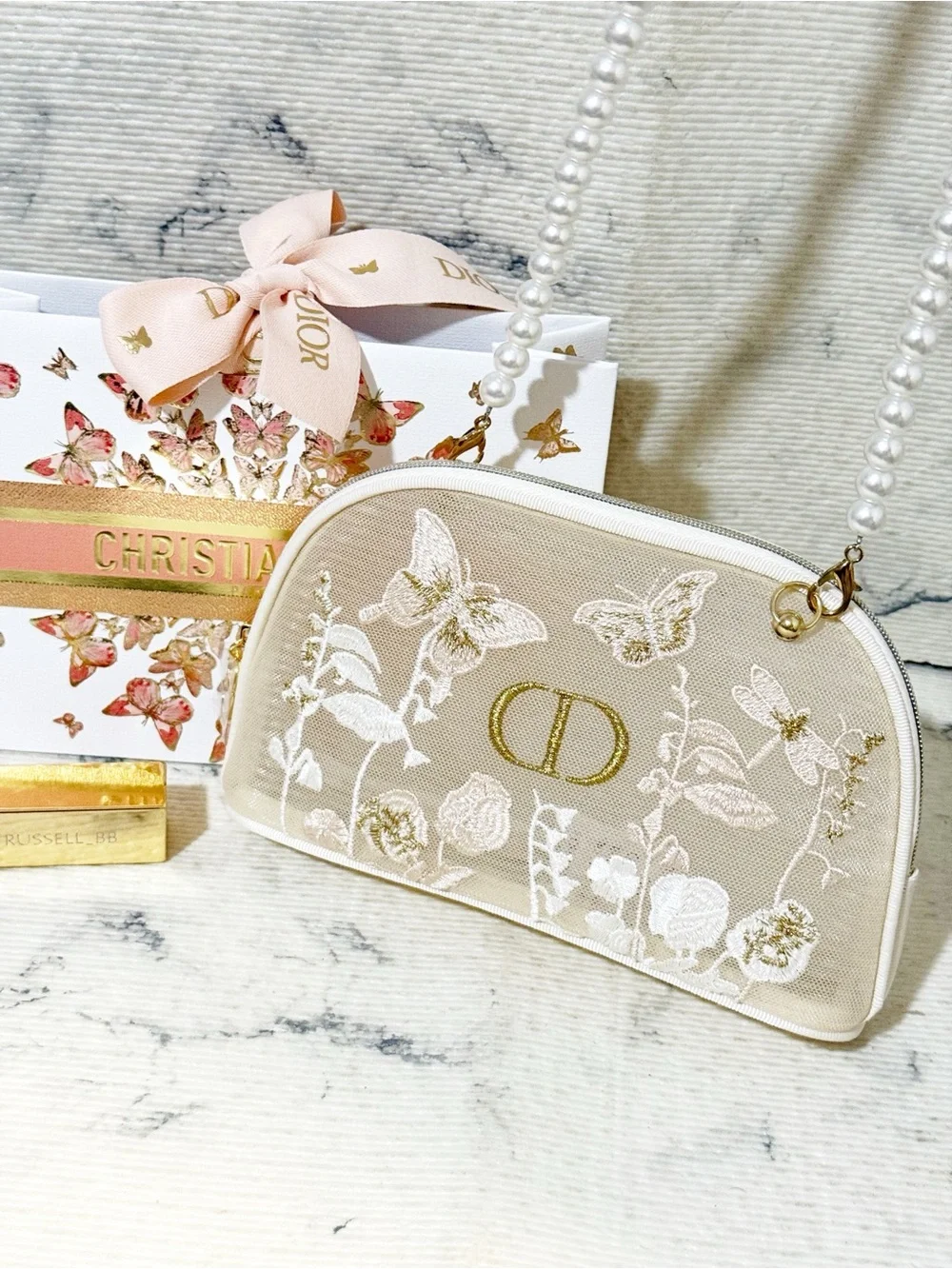 Dior Beauty Butterfly Floral Embroidered Mesh Pouch with Pearl Strap & Gift Bag