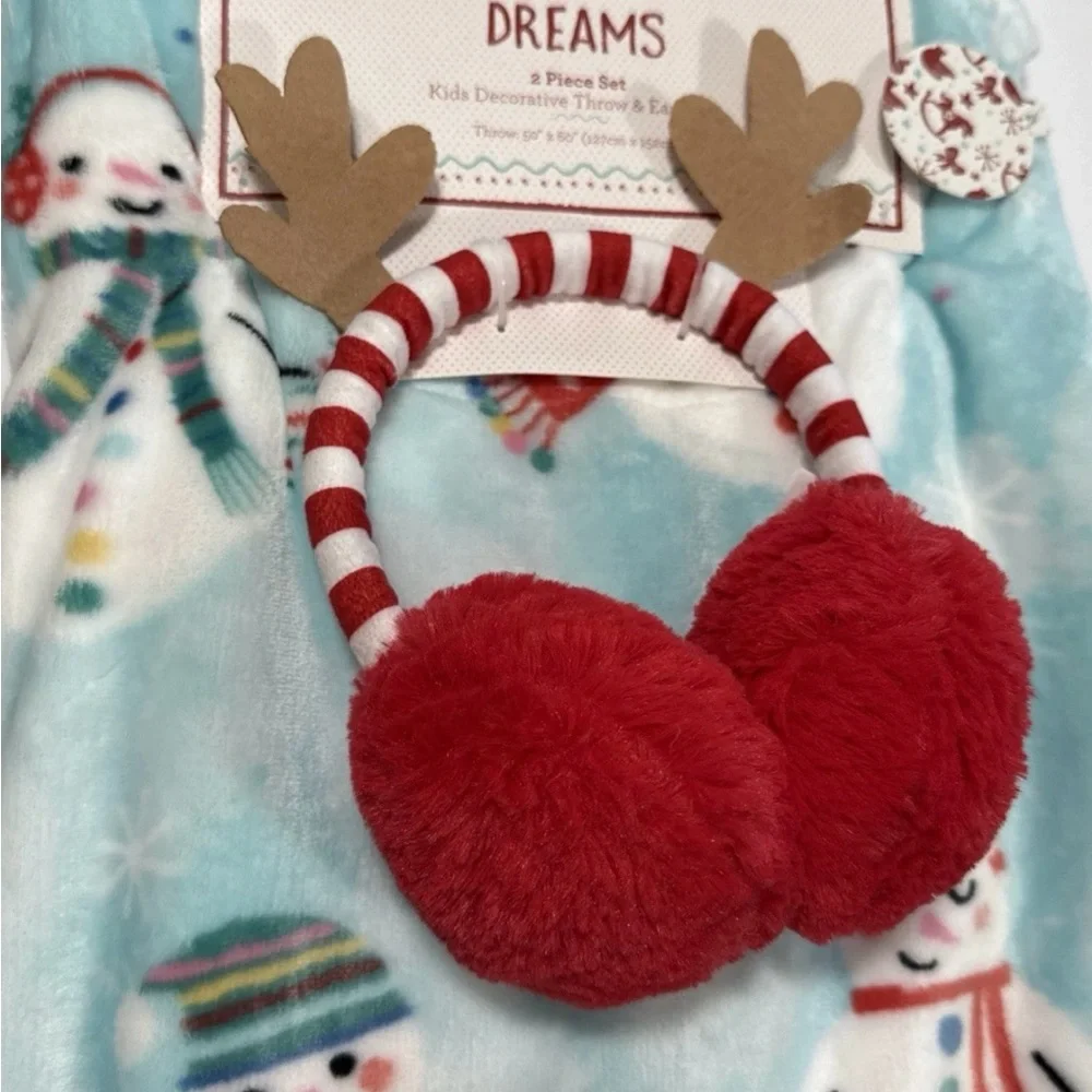 Sugarplum Dreams 2-Pc Set 50”x60” Throw Blanket & Earmuffs Colorful Snowman NWT